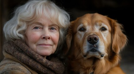 Senior woman with silver hair and golden retriever pet close-up