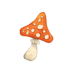 Fly agaric, mushroom with orange cap and white polka dots, Halloween decoration. Cartoon watercolor illustration hand drawn, cartoon. Drawing for stickers, scrapbooking. Mushroom, fly agaric, poison