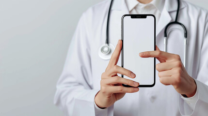Doctor Demonstrating Smartphone in Medical Office with Stethoscope Visible