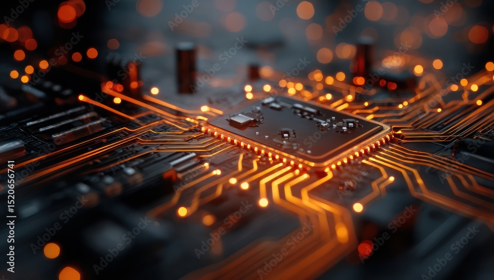 Poster detailed close-up of an illuminated circuit board representing the future of computing.