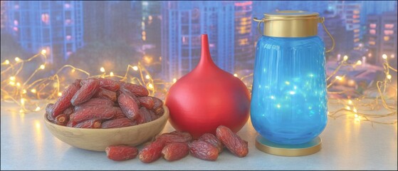 Dates, a decorative lantern, and warm lights