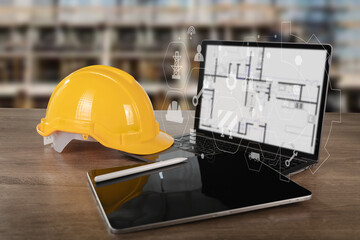 Engineer architect industry 4.0 Digital blueprint of construction site displayed tablet with yellow safety helmet wooden table, symbolizing modern