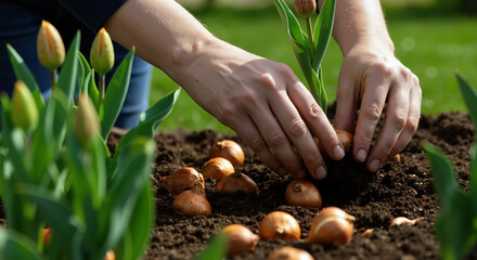 Hands protecting tulip bulbs planted in dark soil with yellow buds. Woman covering flower bulbs near growing green stems. Spring gardening concept. Landscaping services, nursery sale