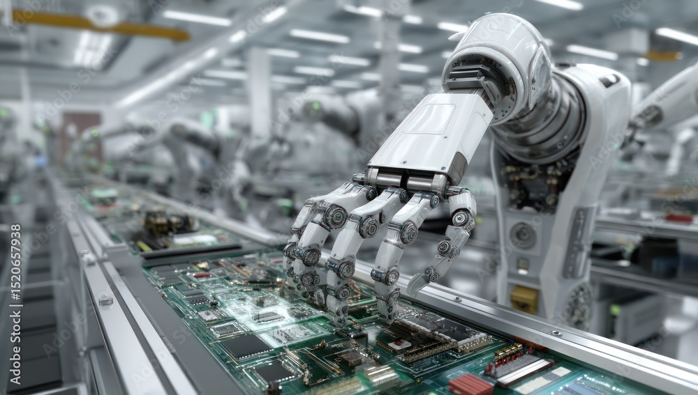 Poster robot autonomously assembling complex electronics in a high-tech factory, enhancing production.