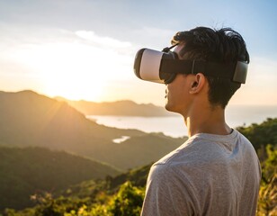 Man wearing VR headset on mountain at sunset