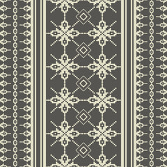 Geometric Ethnic Textile Design with Repeating Motif and Pixelated Elements