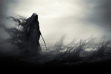 Ethereal cloaked figure walking through a mysterious misty and eerie landscape