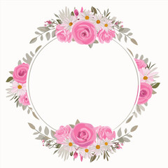 Elegant Floral Wreath Frame Pink Roses and Daisies Circular Design