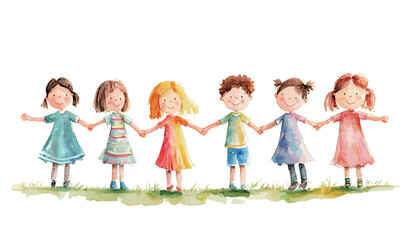 Obraz premium Diverse group of happy children holding hands in a colorful illustration.