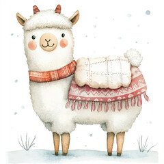 Cozy Watercolor Alpaca with Blanket – Winter Nursery Art