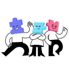 Characters with puzzle heads standing together