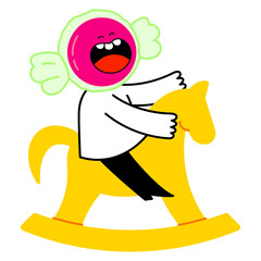 Candy headed character riding rocking horse