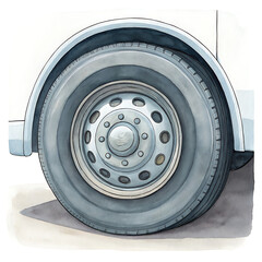 Obraz premium Close-Up Clipart of Bus Wheel in Gray, Simple Watercolor Illustration, Urban Environment, Detailed Texture