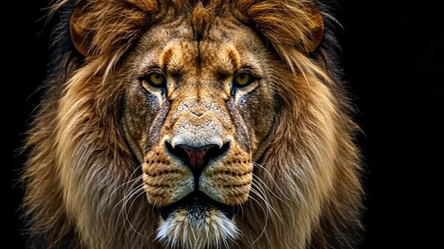 a lion animal that seems to be looking at us against the black background of the footage