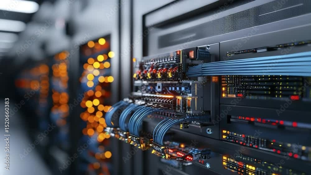 Aufkleber a close-up view of a server rack in a modern data center, with network cables and led lights indicat