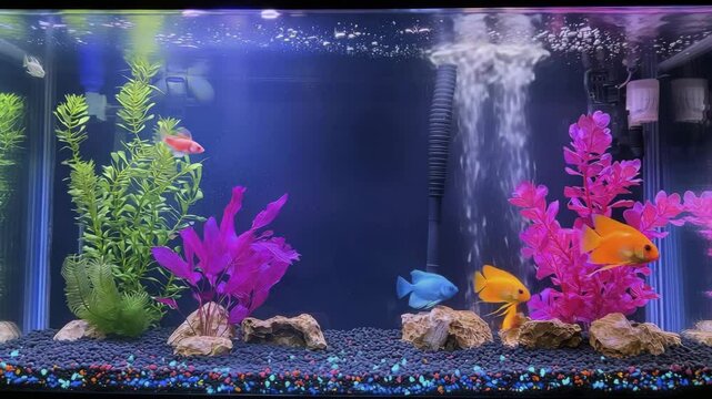 A vibrant aquarium with colorful fish, artificial plants, rocks, and bubbles rising from a water filter against a blue background.