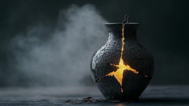 A dark, cracked ceramic vase glows with warm light shining through its broken seams on a moody background.