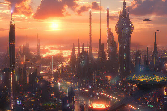 A futuristic cityscape with floating cars, glass towers, and sunset glow over lush rooftop parks.