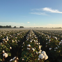 Cotton Field in Sunrise: A cotton field at sunrise, revealing rows of cotton plants and capturing the beginning of a new day in agriculture and textile industry.
