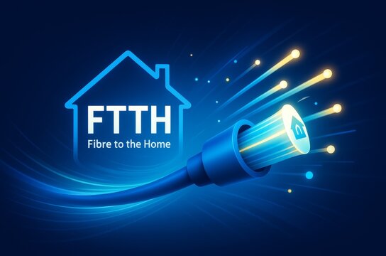 FTTH &ndash; Fiber to the Home Internet Concept with Fiber Optic Cables and High-Speed Digital Connectivity to Households