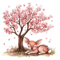 Cute cartoon watercolor Baby deer resting under trees