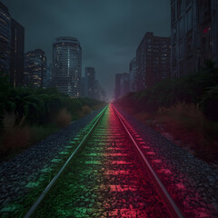 Fototapeta premium Urban Rail: An evocative composition of railroad tracks converging into an urban landscape, underscored by a mesmerizing play of colored lights that illuminate the scene.