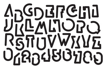A set of outline letters with a simple, thick, geometric shape. Black and white font with a sporty, dynamic, modern theme. Latin alphabet letters and numbers. No AI used