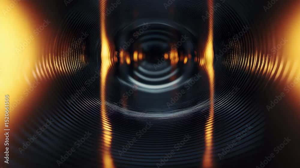 Poster abstract close-up of concentric metallic rings with glowing orange reflections and ripples in dark s