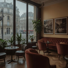 Fototapeta premium Cozy Cafe Interior: A warm and inviting cafe, with comfortable seating arrangements and large windows offering a glimpse into the vibrant city streets, a scene of serenity, relaxation and comfort.