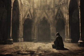 Lone figure kneels in solemn prayer inside a mysterious ancient gothic cathedral