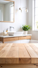 Blurred bathroom hand washing corner with wooden table in front