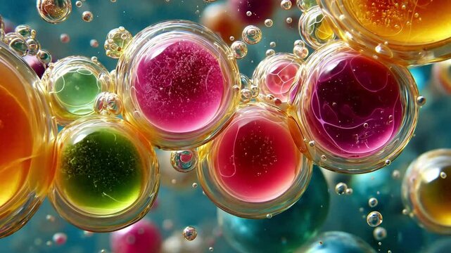 Algae chloroplasts produce colorful oxygen bubbles.