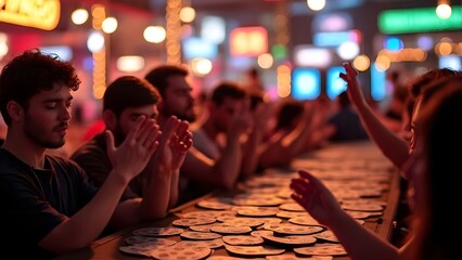 Exciting Bingo Night Celebration – Players Cheering Over Winning Cards in a Festive Atmosphere