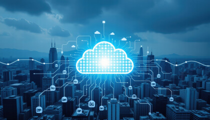 Digital cloud symbol over city skyline represents cloud computing technology, showcasing connectivity and data transfer in modern urban environment