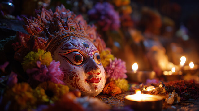 Early Durga Mask Festival, Goddess Durga mask on display, decorated with flowers and candles, Ai generated images