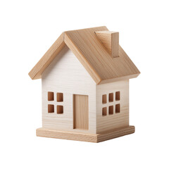 A small wooden house model with a gable roof and chimney isolated on a white background in studio shot