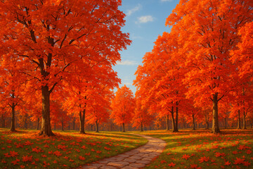 Autumn landscape with red and orange leaves.