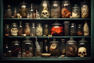 Curiosity cabinet filled with jars of oddities and mysterious artifacts