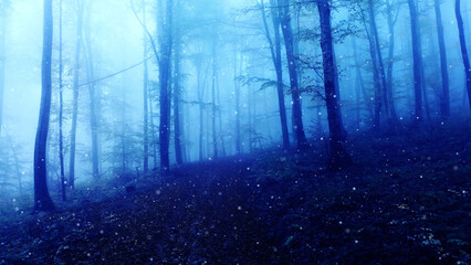 Mystical dark blue foggy forest with firefly.