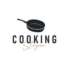 vintage retro design cooking logo concept with black silhouette frying pan simple template restaurant brand logo, cafe, bar
