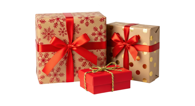 Gift boxes with red ribbon and snowflake pattern
