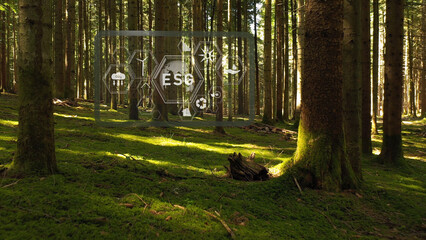 ESG icons illustration inside sunny mossy forest.