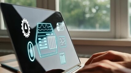 Person working on a laptop with digital icons hovering above, symbolizing data analysis and online business processes - Powered by Adobe