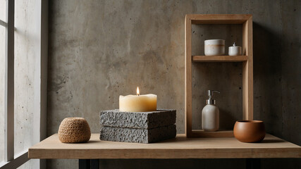 Relaxing home decor with candle and natural elements on table  