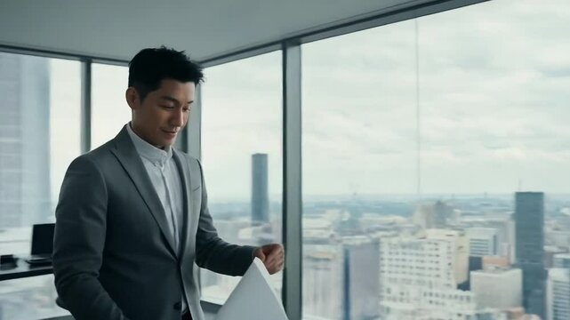 Businessman with a long paper roll in a modern office overlooking the city