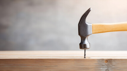 Hammer with wooden handle driving nail into wooden plank in bright setting