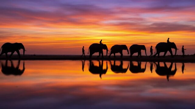 Silhouette elephants sunset water reflection - Powered by Adobe