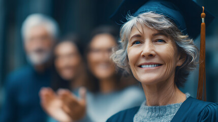 Fototapeta premium Portrait of a happy mature student wearing graduation gown and cap, smiling with family clapping in background