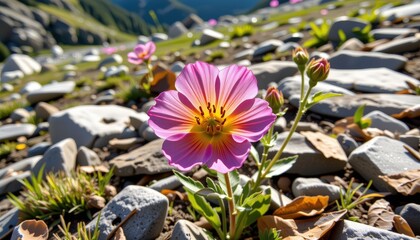 a cinematic shot of the mountain avens (dryas octopetala), taken with a 24mm wide angle lens, f/8 aperture, iso 200