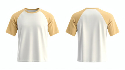 Plain White body and light yellow raglan short sleeve t-shirt 3D mockup showcasing front and back views for apparel design presentation on white background